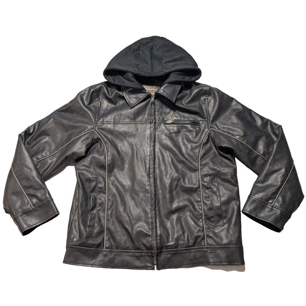Arizona Motorcycle Jacket‎ Black Faux Leather Quilted Lined Hood - Men Large EUC